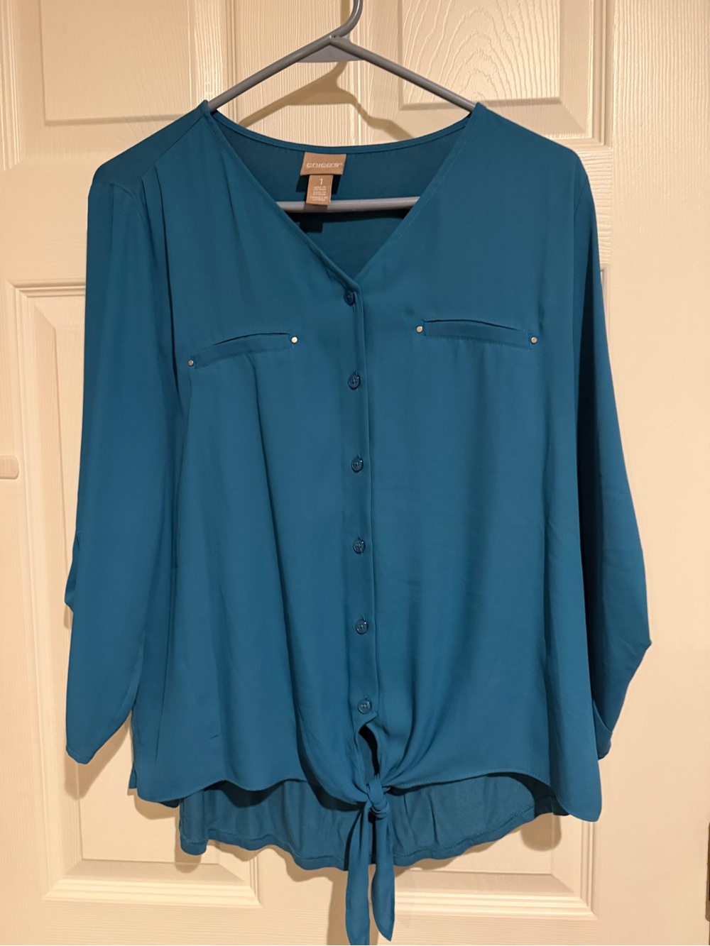Chico's Teal Button-Front Tie-Hem Blouse